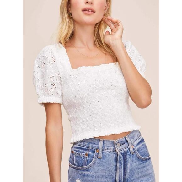 Astr Tops - ASTR The Label Women’s Hudson Top White Eyelet Pique Smocked Bodice Size M NWOT